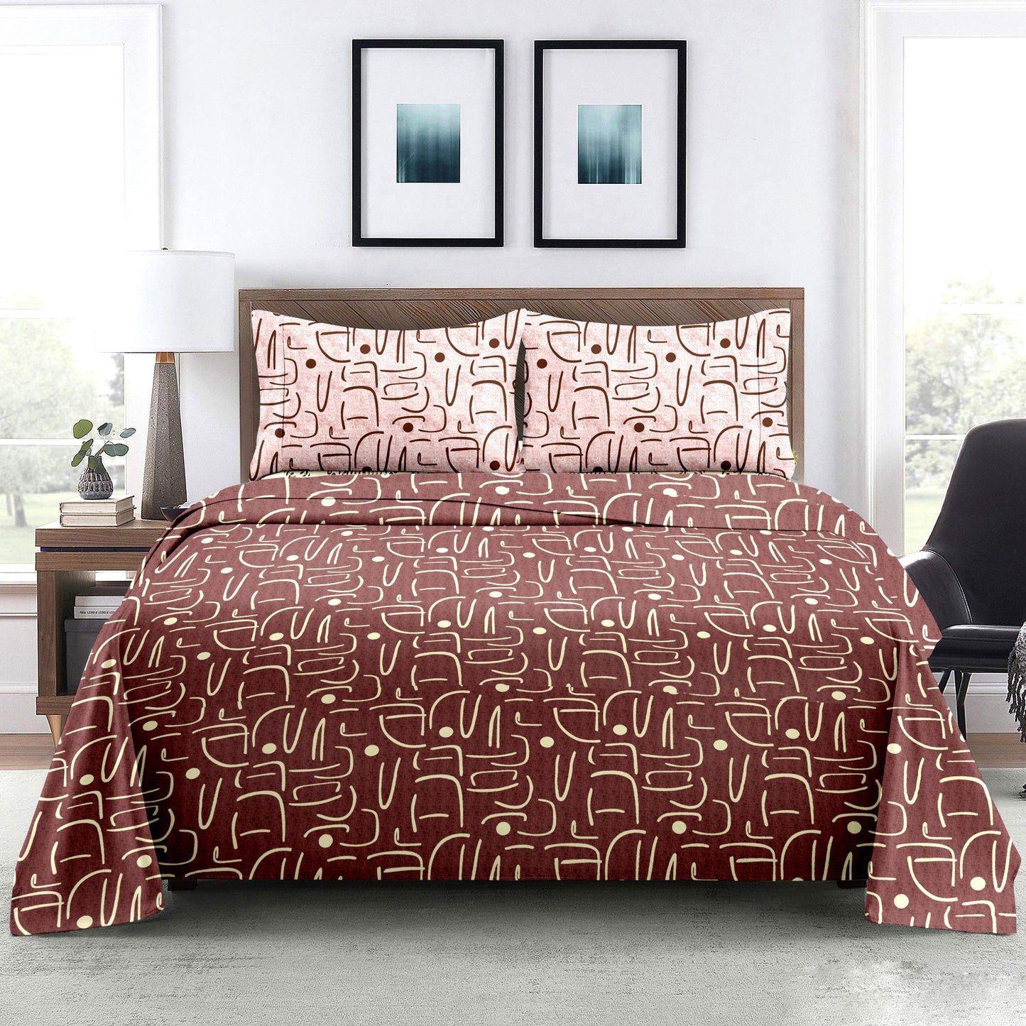 Motif Magic Fitted Queen Size Double Bed sheet With Mix Match  2 x Pillow Covers