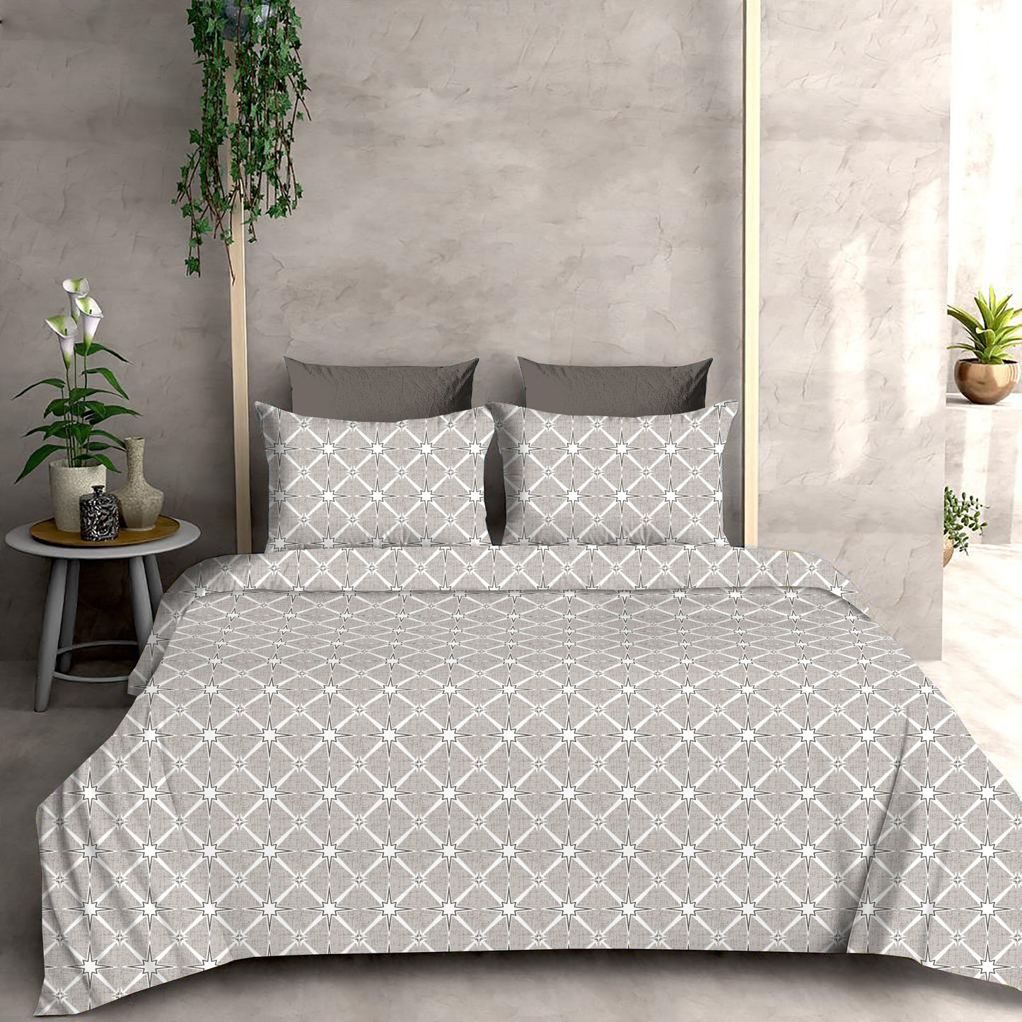 Geometric Star Allover California King Size Bed sheet and 2 x Pillow cover